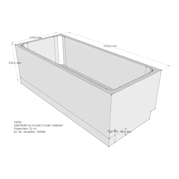 Badewannenträger für Duravit D-Code 160 × 70 × 40 cm