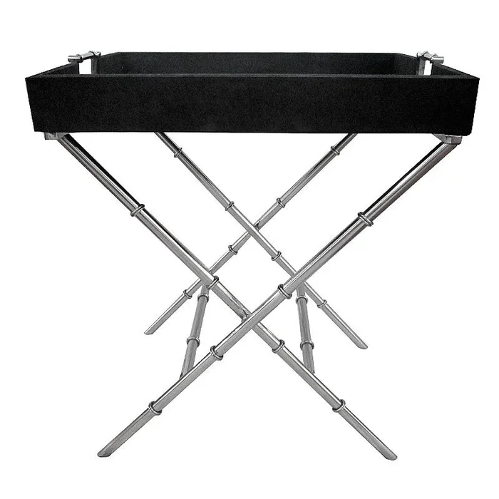 Beistelltisch Servier-Tisch silber Tablett Leder Kroko schwarz 67x50x78 cm