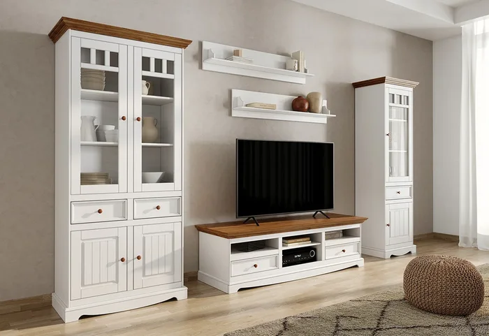 Bologna Elegante Massivholz Kiefer Vitrine 2D | Farbe Weiss – Eiche