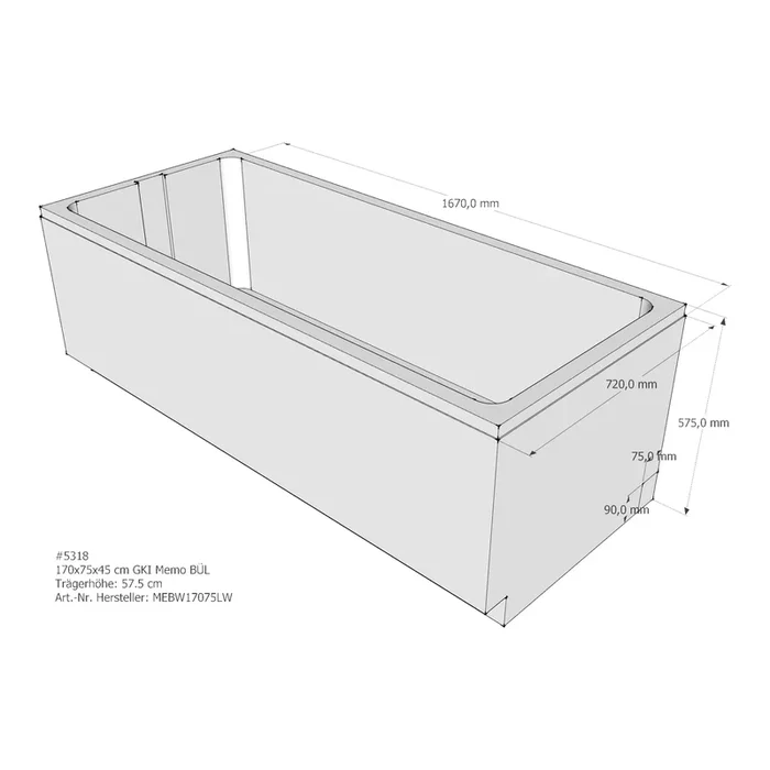 Duschwannenträger für GKI Memo 170 × 75 × 45 cm