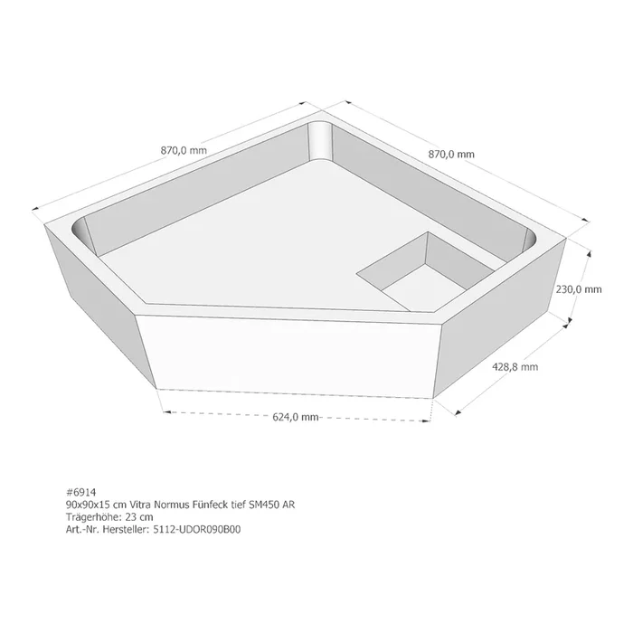 Duschwannenträger für VitrA Normus Fünfeck tief 90 × 90 × 15 cm