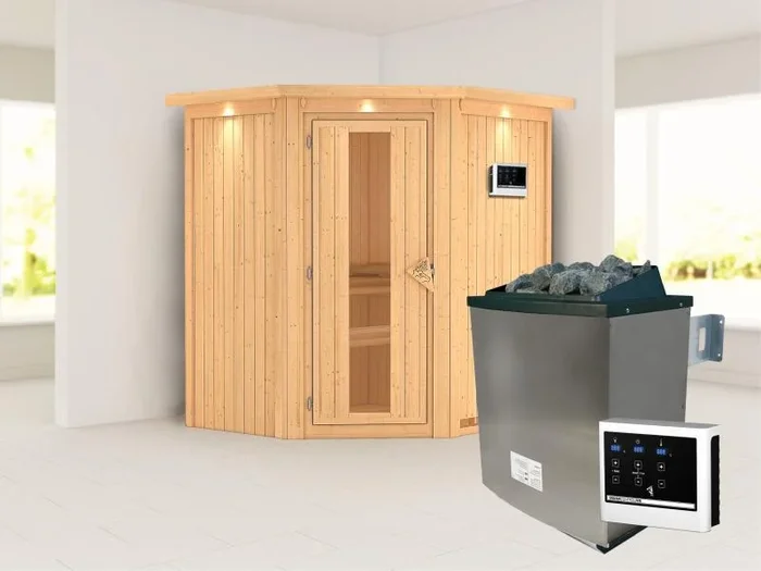 Karibu Sauna Taurin inkl. 9 kW Ofen externe Steuerung, mit Energiespartür – mit Dachkranz –