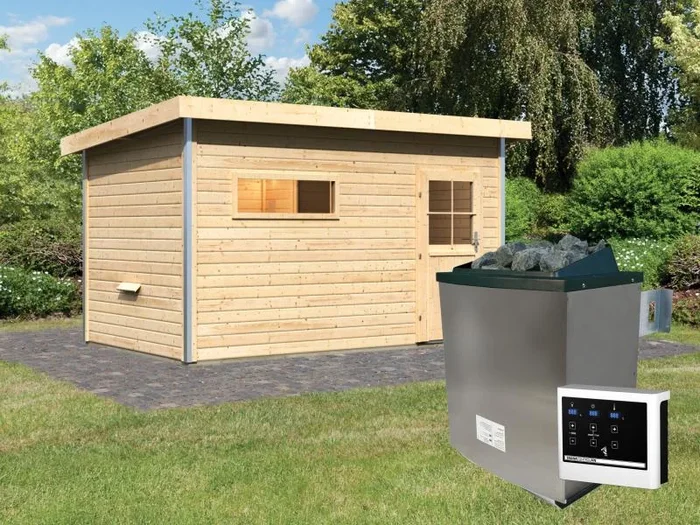 Karibu Saunahaus Skrollan 3 38 mm – 9 kW Ofen ext. Steuerung – klassische Tür