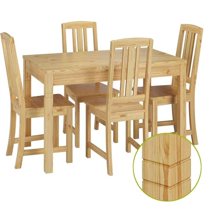 Long dining table set with legs with 2 carvings and 4 pine chairs 90.70-51B-Set22