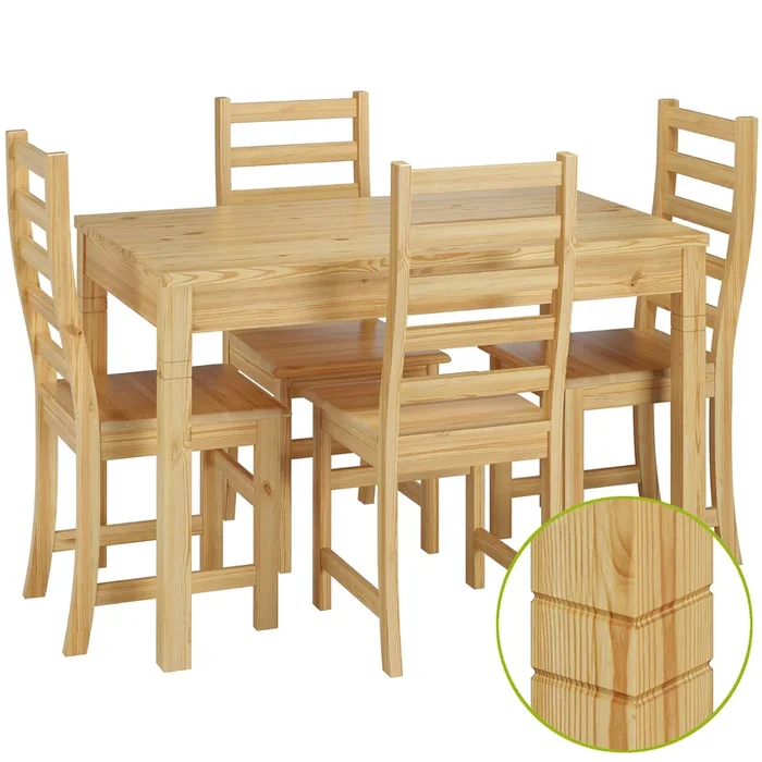 Set tavolo da pranzo lungo con zampe con 2 intagli e 4 sedie in Pino massello 90.70-51B-Set21