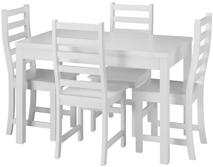 White set of long dining table and 4 pine chairs 90.70-51AW-Set21