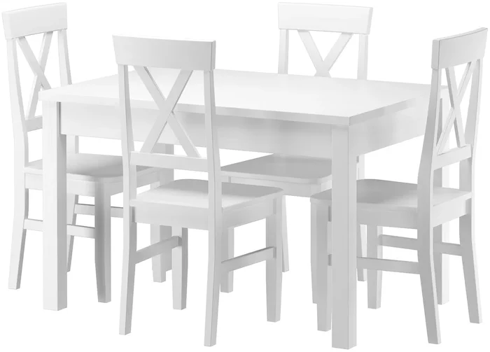 White set of long dining table and 4 pine chairs 90.70-51AW-Set23