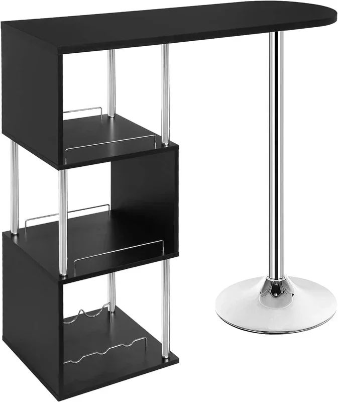 WOLTUBartisch Stehtisch Bistrotisch, mit 3 Ablagefläche&Weinregale, Metall, MDF Schwarz