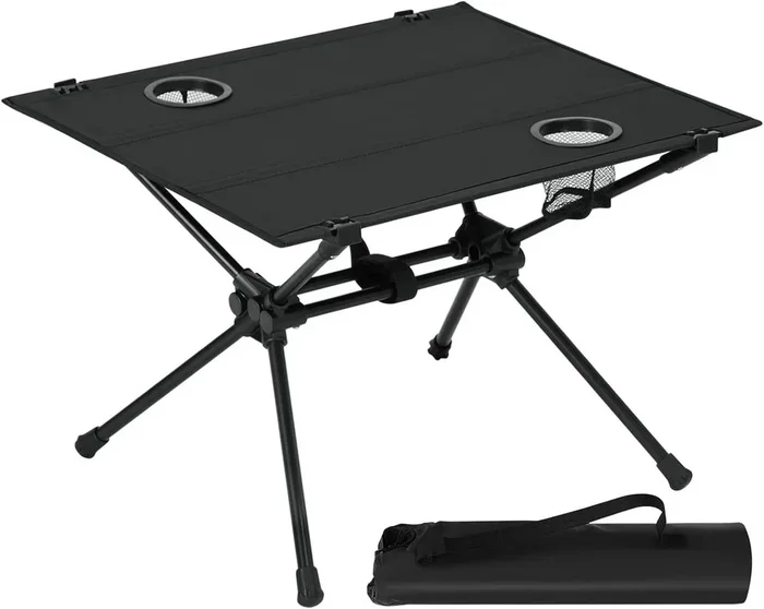 WOLTUCampingtisch, Klapptisch mit 2 Getränkehaltern, Metallrahmen, Schwarz